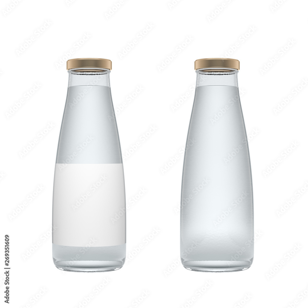 Two transparent glass bottles with label filled by still water isolated over white background. Two transparent glass bottles with label filled by still water isolated over white background.