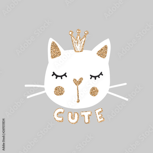 Cute princess cat vector illustration. Girly kittens. Fashion Cat's face