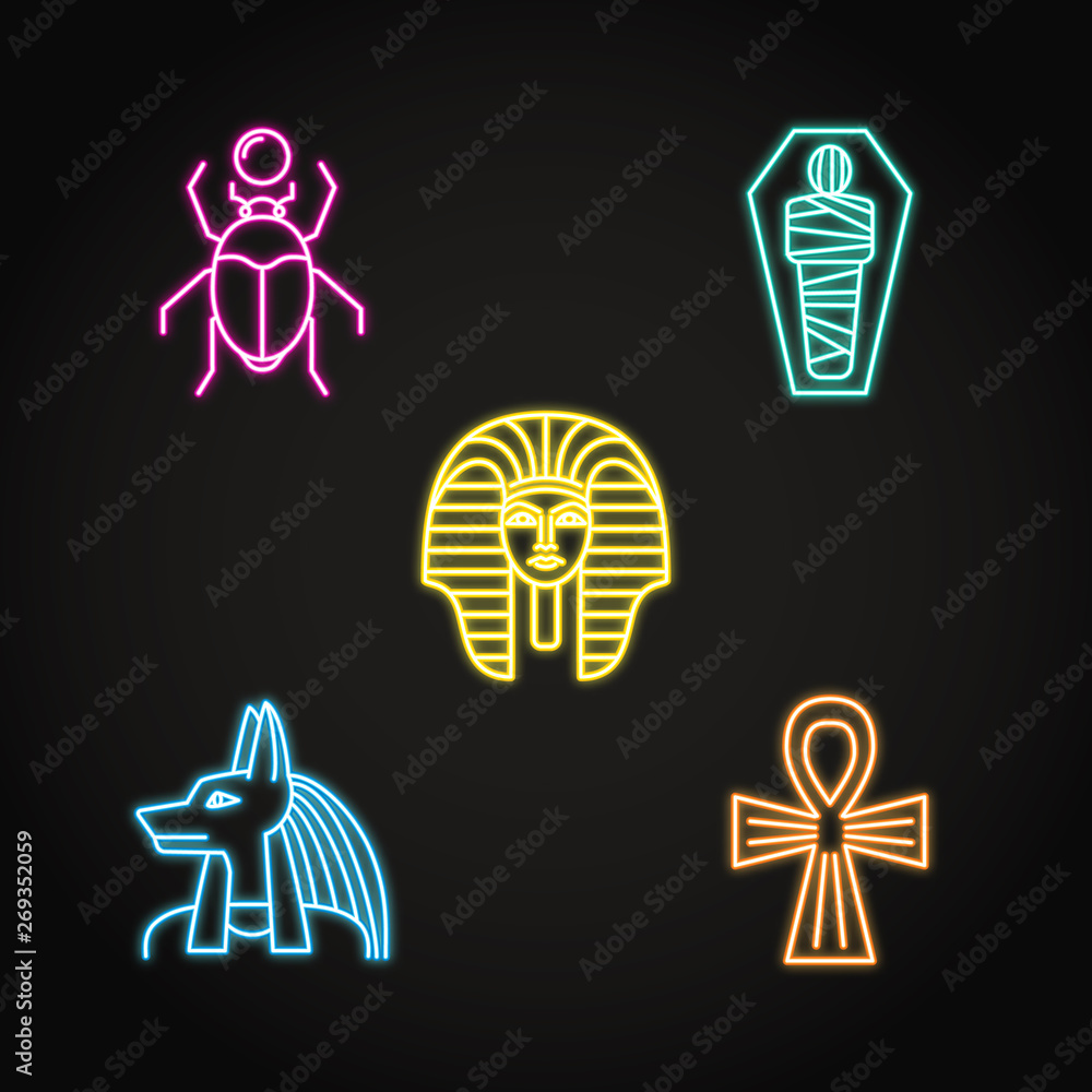 Egypt icons set in neon line style Egypt icons set in neon line style