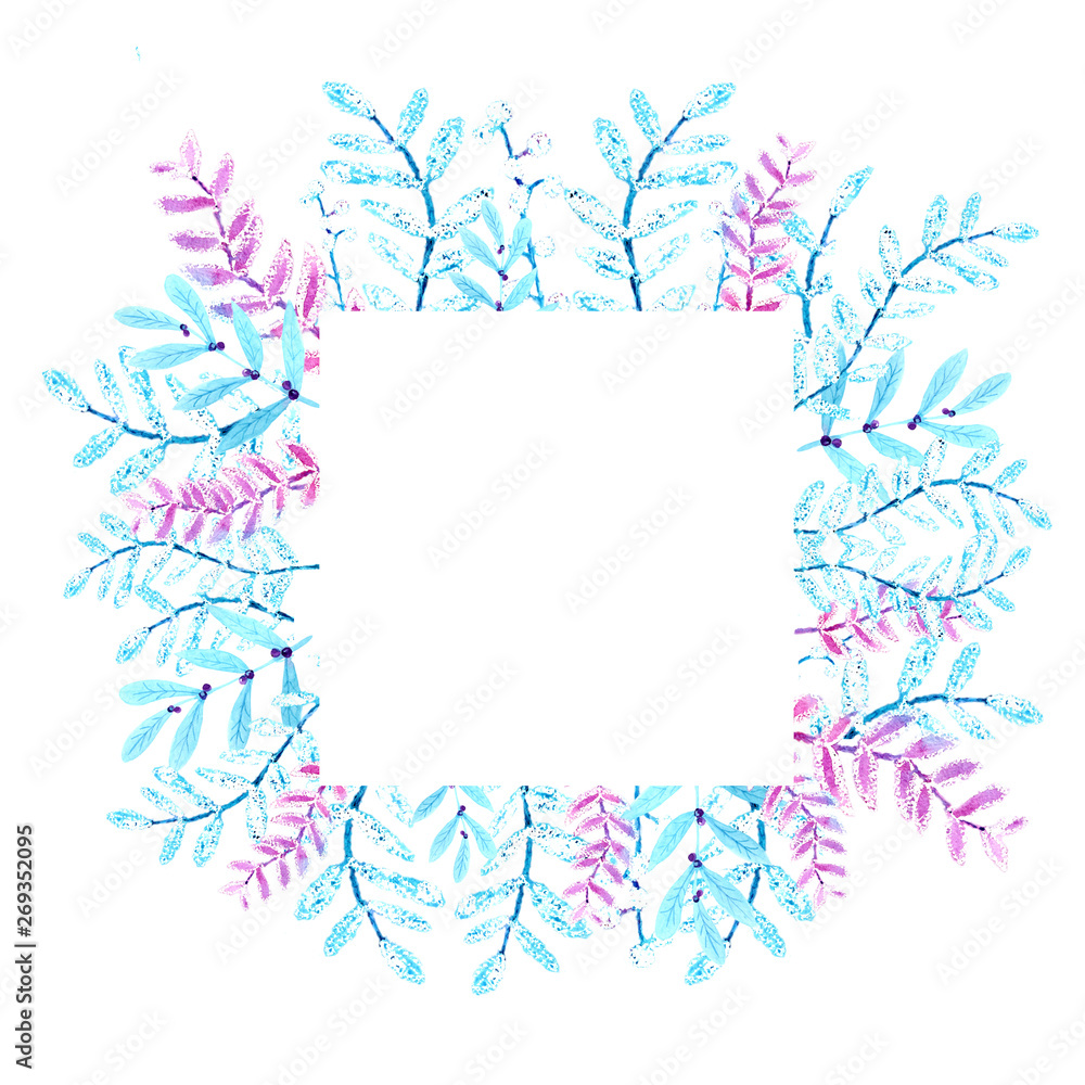 Frame of flowers and twigs. Watercolor drawing, a pattern of leaves, on a white background for the design of invitations, cards, greetings, announcements
