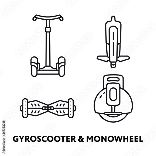Gyroscooter Hoverboard Monowheel Transport Vehicle Device. Vector Flat Line Stroke Icon.