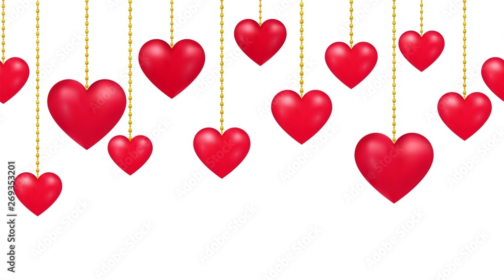 Vector seamless pattern with realistic hanging red hearts on golden chain. Love greeting card. Happy Valentines Day, Birthday, party, wedding template. Festive poster with copy space.