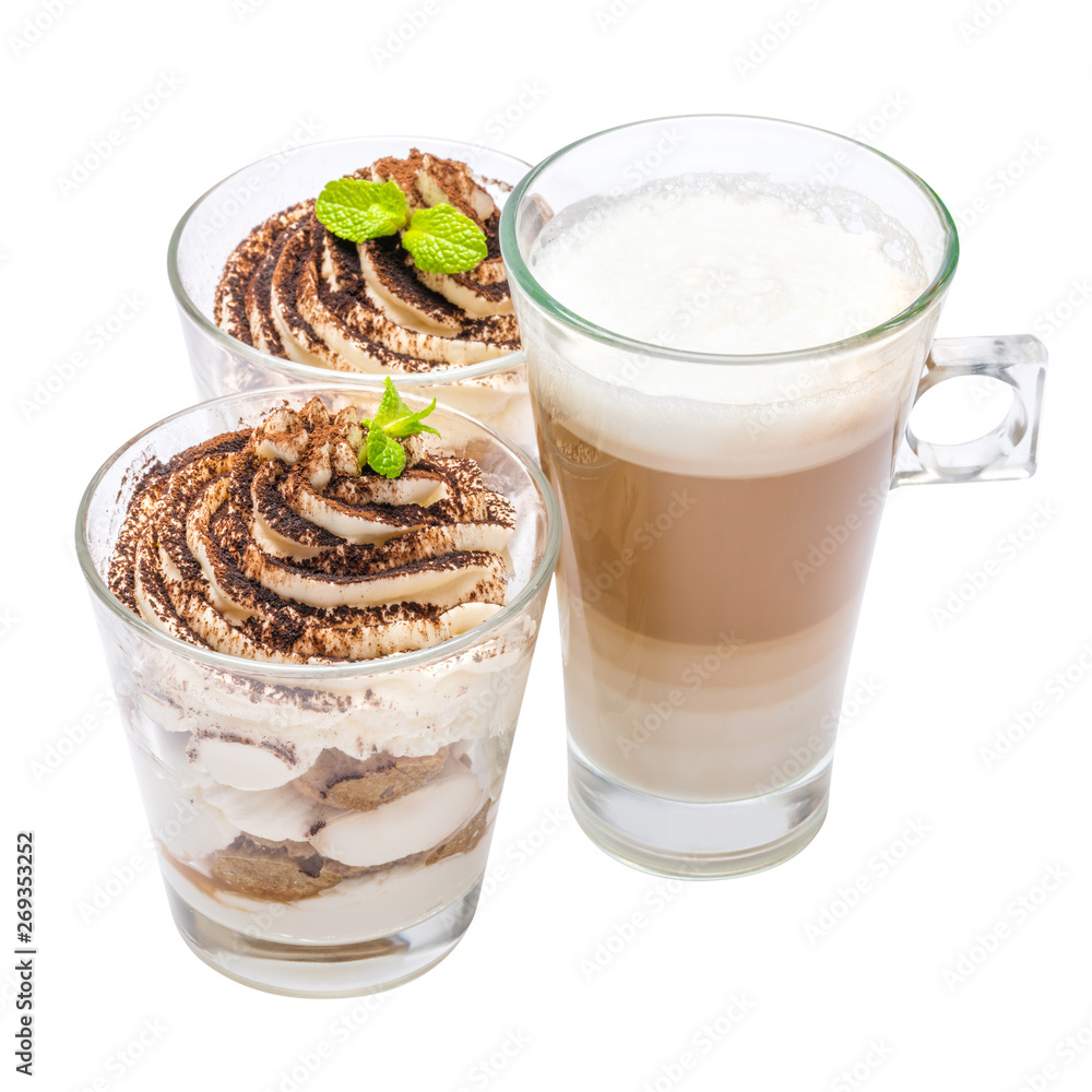 Classic tiramisu dessert in a glass and cup of coffee isolated on a white background with clipping path Classic tiramisu dessert in a glass and cup of coffee isolated on a white background with clipping path