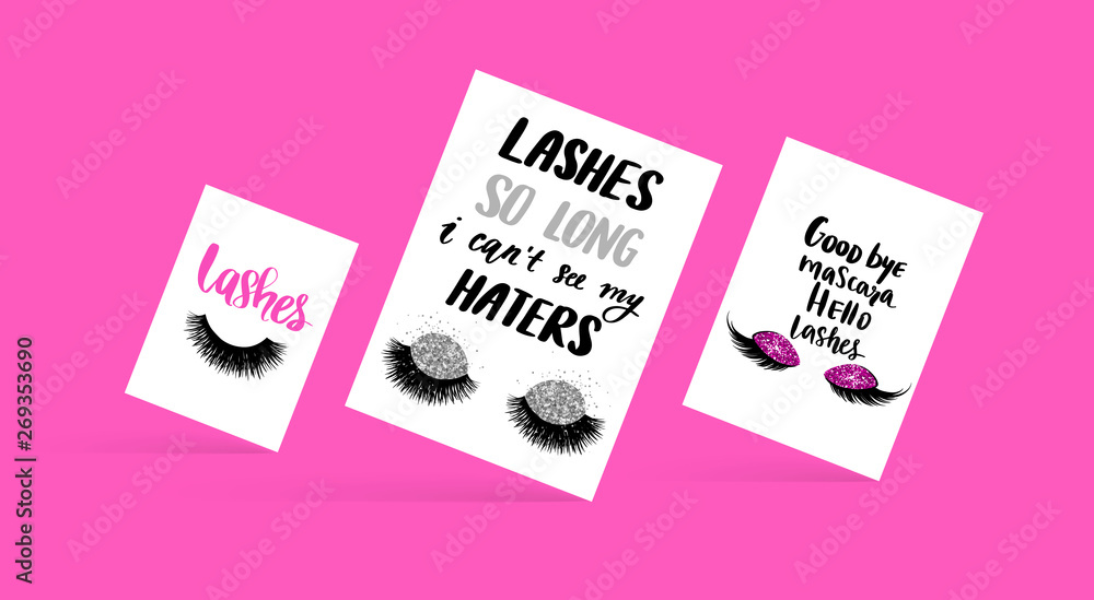 Set with fashion cards with inspiration quote about girls, lashes, makeup. Set with fashion cards with inspiration quote about girls, lashes, makeup.
