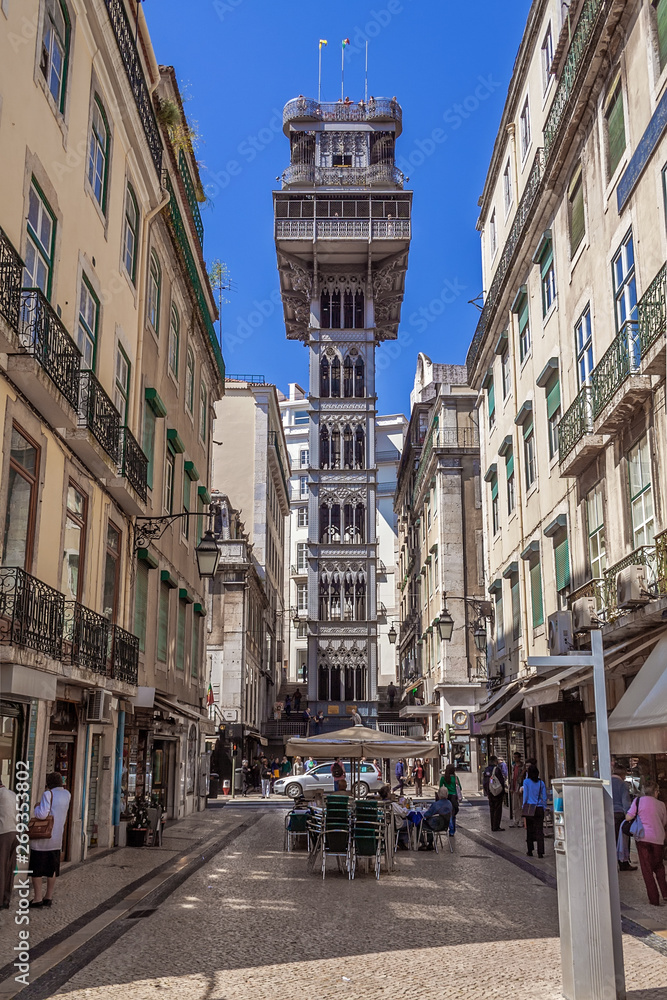 Lisbon, Portugal. Elevador de Santa Justa Lift seen from Santa Justa Street. 19th century. By Raul Mesnier de Ponsard, a Gustave Eiffel disciple.