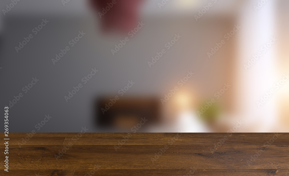 Empty interior with large window. Retro light bulb. The floor is of brown parquet. 3D rendering. wooden table. blurred background Empty interior with large window. Retro light bulb. The floor is of brown parquet. 3D rendering. wooden table. blurred background