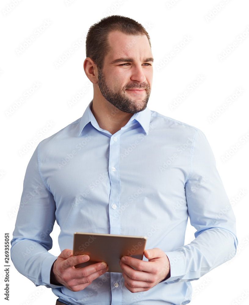 Young man with tablet isolated on white background