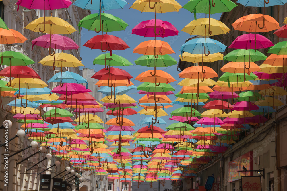 Colorful umbrellas decoration in streets of Timisoara city, Romania