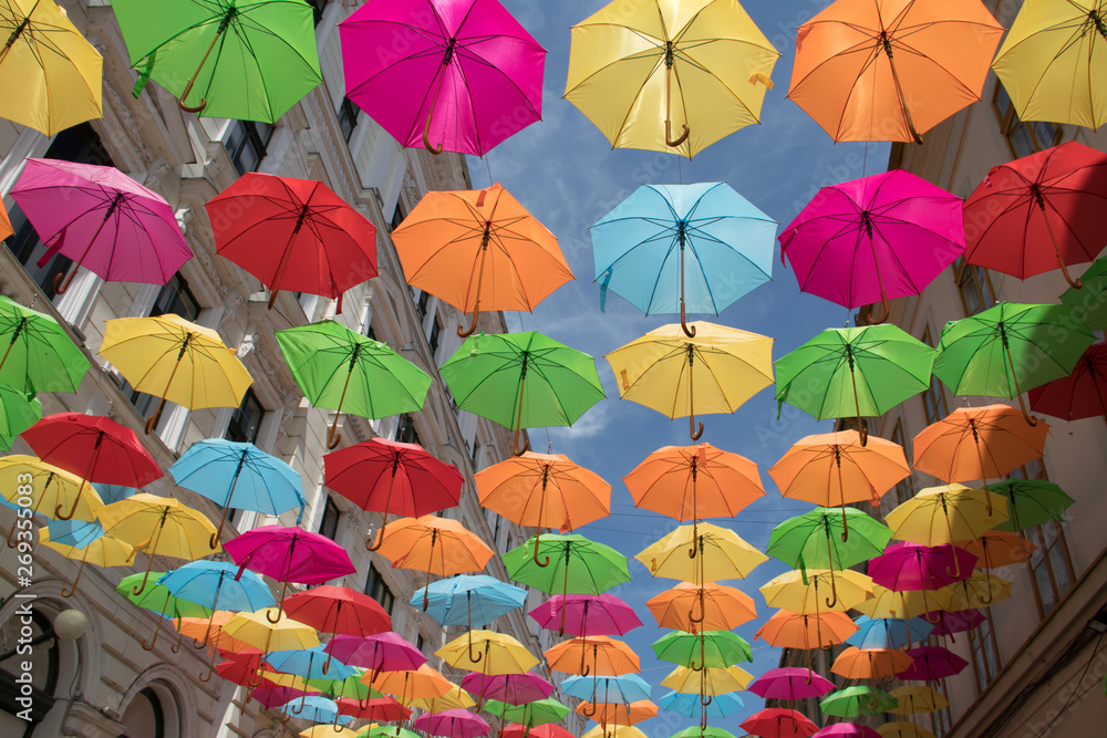 Colorful umbrellas decoration in streets of Timisoara city, Romania