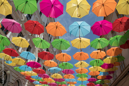 Colorful umbrellas decoration in streets of Timisoara city  Romania