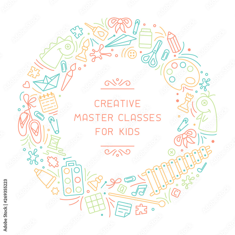 Round frame concept with things for creative activity. There is place for your text. Linear style vector illustration