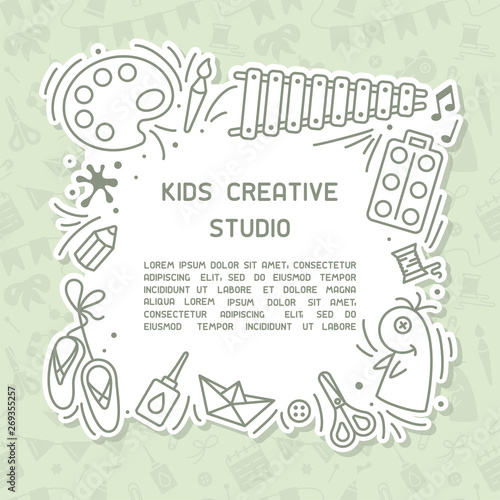 Concept of kids creative studio info poster with sample text. Suitable for advertisement or information banner decor