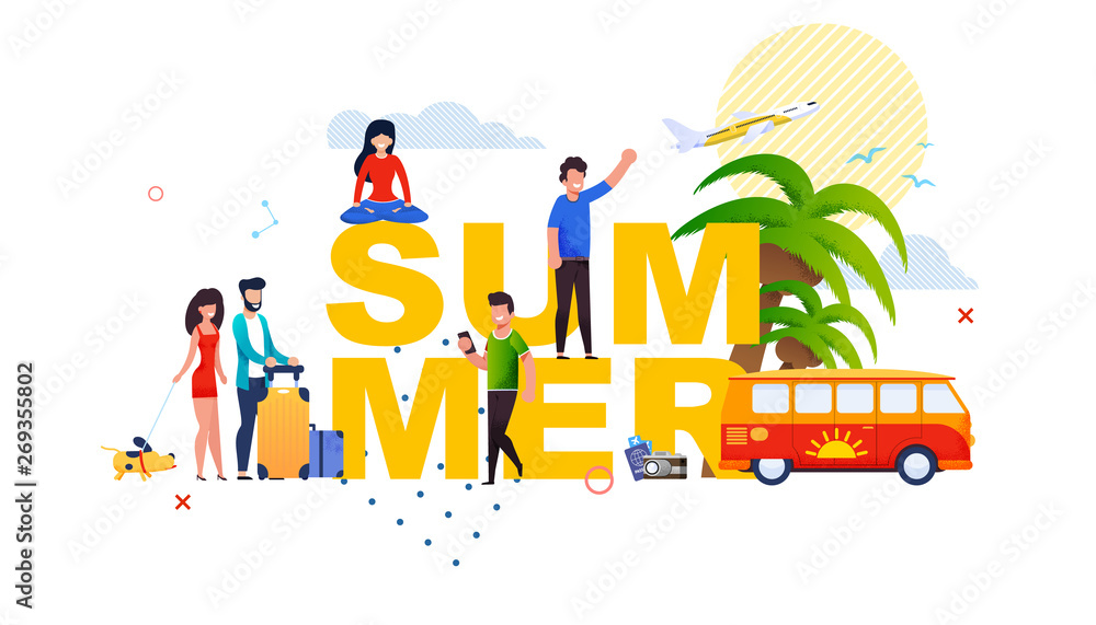 Summer Lettering Banner with Small Cartoon People