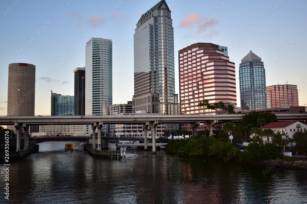 Tampa, Flordia, USA - January 7, 2017: Downtown city skyline over the Hillsborough River Tampa, Flordia, USA - January 7, 2017: Downtown city skyline over the Hillsborough River