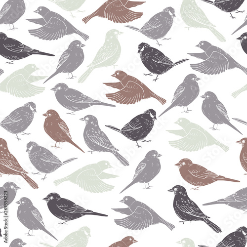 Hand drawn sparrows. Vector seamless pattern