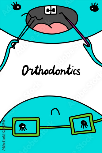 Orthodontics hand drawn vector illustration in cartoon style. Patient and dentist. Men with braces