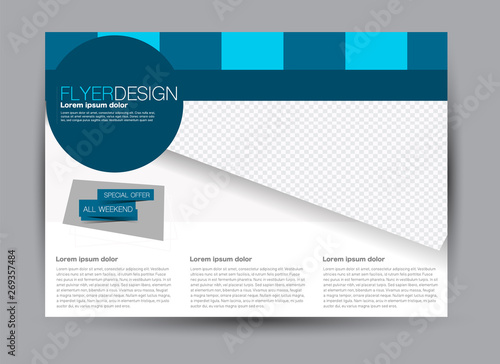 Landscape wide flyer template. Billboard banner abstract background design. Business, education, presentation, advertisement concept. Blue color. Vector illustration.