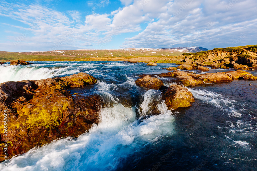 Fototapeta premium Attractive view of powerful Godafoss cascade. Location Skjalfandafljot river, Iceland, Europe.