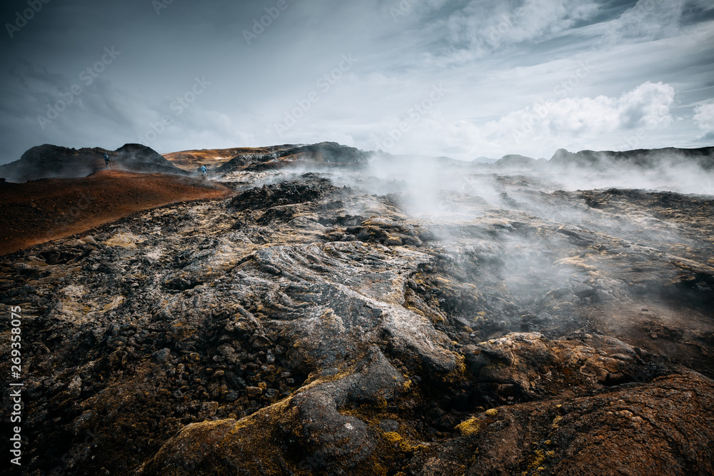 Exotic view of the geothermal valley Leirhnjukur. Location Myvatn lake, Krafla volcano, Iceland, Europe.