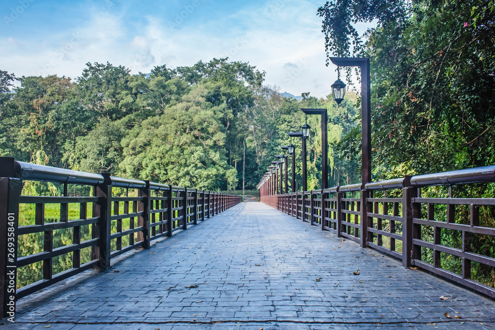 Gorgeous bridge into horizon, surrounded by lush vegetation and trees in Ang Kaew Reservoir, Chiang Mai. With copy space