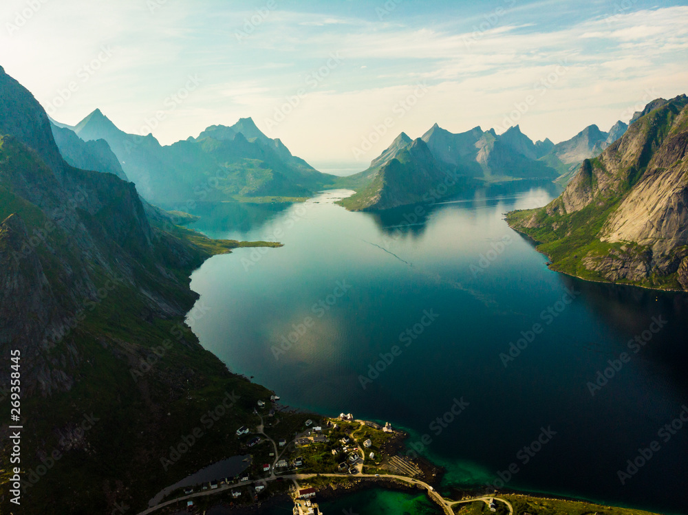 Fjord and mountains landscape. Lofoten islands Norway - obrazy, fototapety, plakaty 