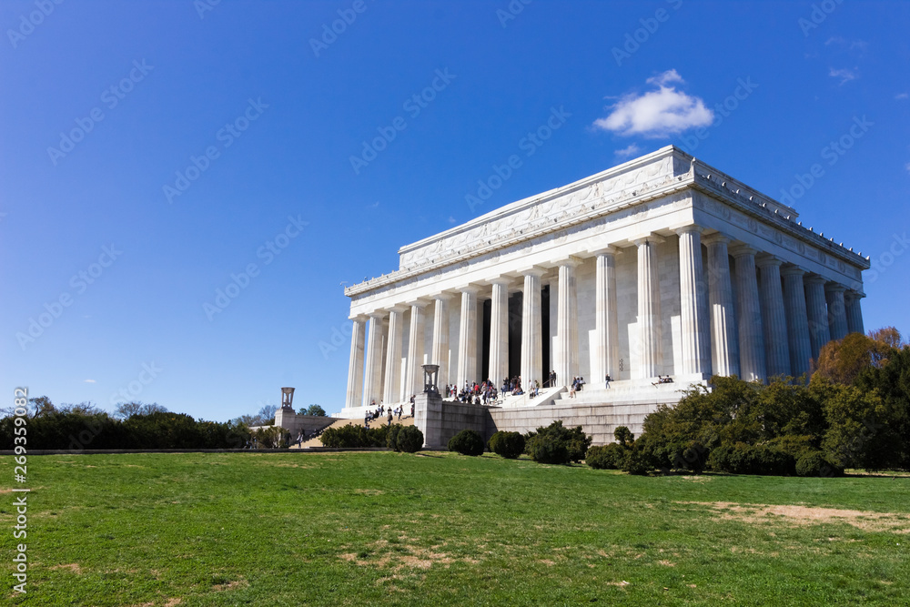 Vista of the historic Greek Doric temple, the Lincoln Memorial, National Mall, Washington DC 