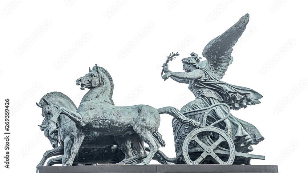 Bronze quadriga statue of goddess of Victory, Nike, at Austrian Parliament roof in Vienna, Austria, isolated at white background