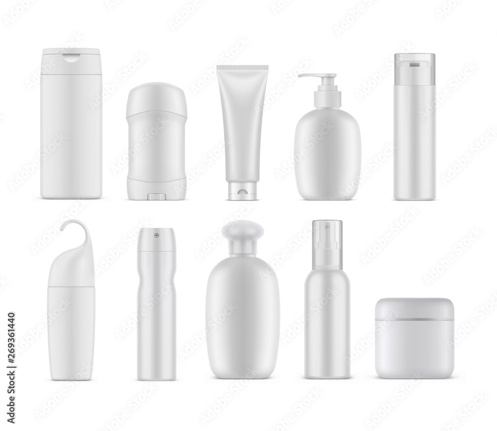 Set of isolated cosmetic or perfume containers Set of isolated cosmetic or perfume containers