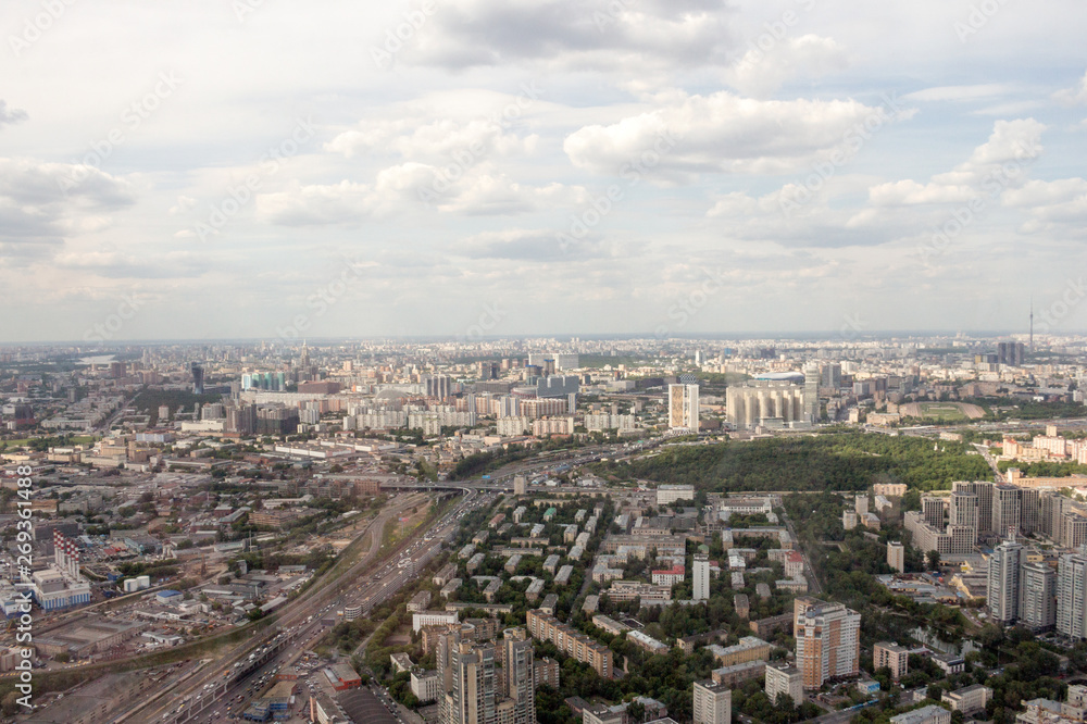 Russia, Moscow - May 22, 2019: View of the hotel Moscow from the observation deck of a skyscraper.