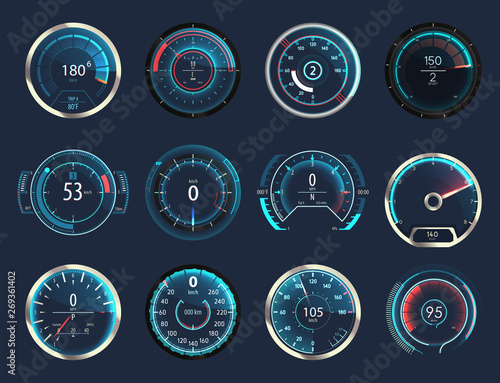Set of isolated car or moto, truck speedometer