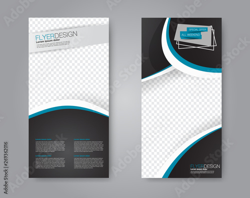 Flyer template. Vectical banner design. Modern abstract two side narrow brochure background. Vector illustration. Blue and black color.