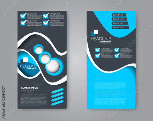 Flyer template. Vectical banner design. Modern abstract two side narrow brochure background. Vector illustration. Blue and grey color.