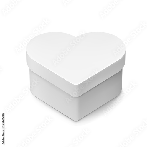 Closed cardboard box mockup in love heart shape. Blank packaging box for romantic gift isolated on white background vector illustration. Happy valentines day presents wrapping. Realistic delivery case