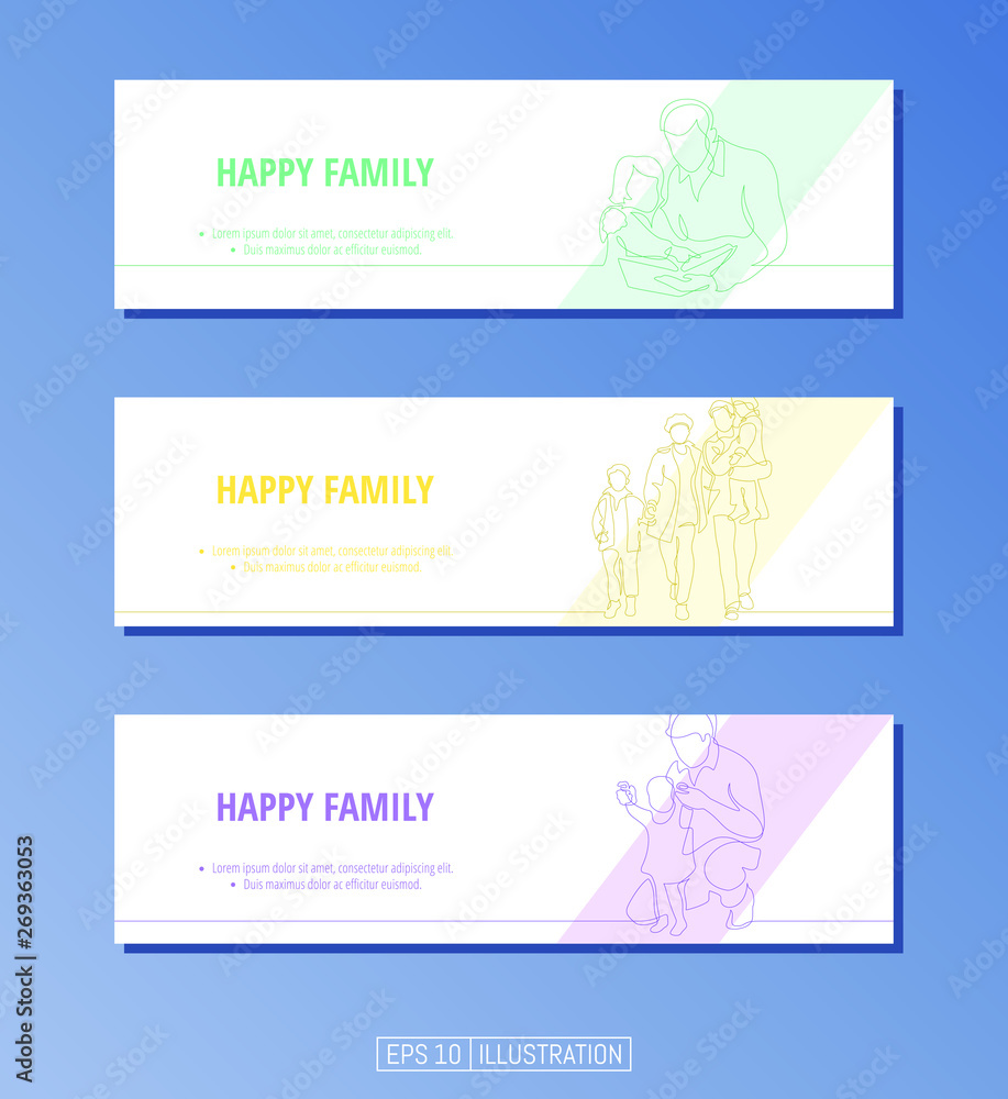 Set of banners. Continuous line drawing of happy family. Editable masks. Template for your design works. Vector illustration. 
