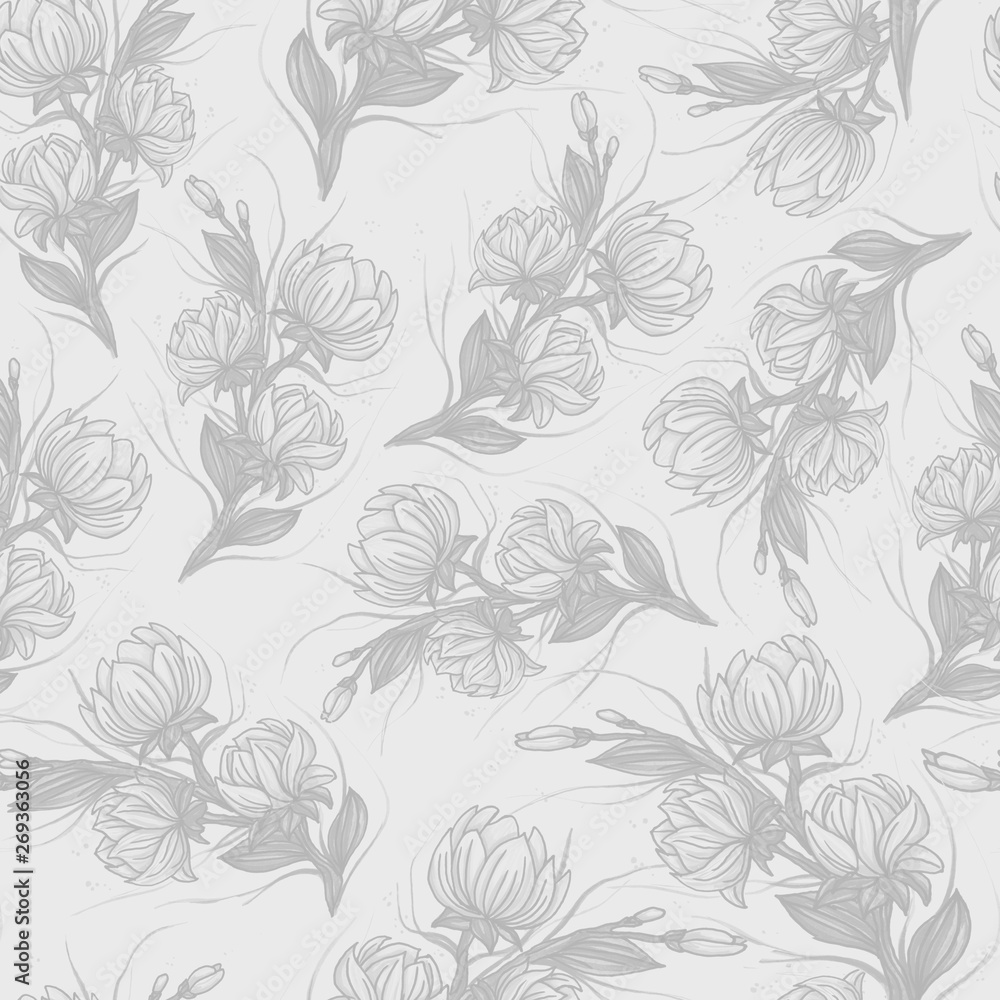 floral pattern in doodle style with flowers and leaves.
