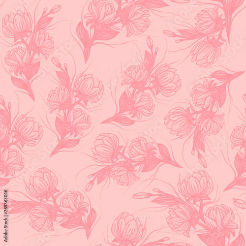 floral pattern in doodle style with flowers and leaves. Gentle  spring floral background