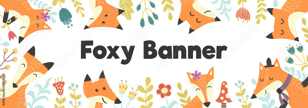 Horizontal banner with cute foxes and plants. Forest background with place for your tex Horizontal banner with cute foxes and plants. Forest background with place for your tex