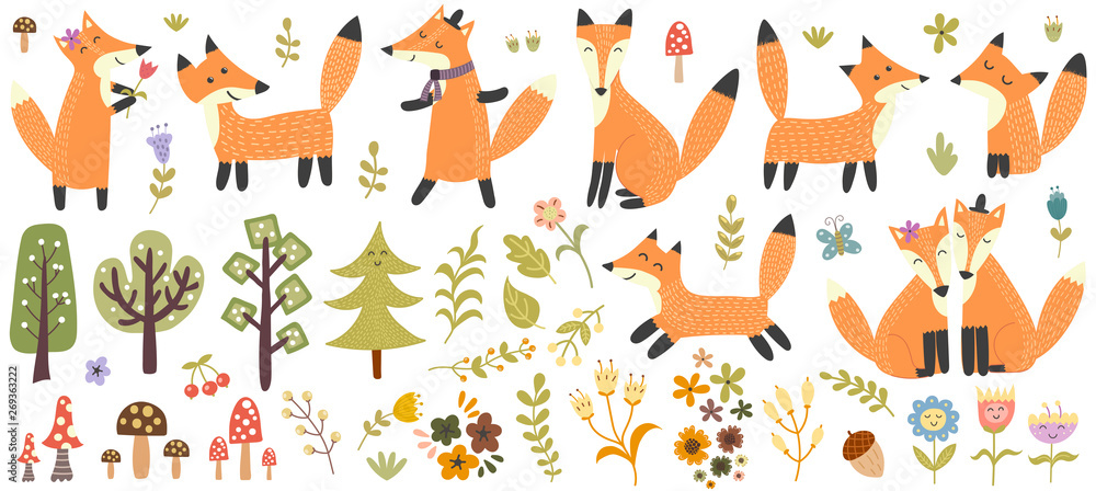 Big set of cute foxes, trees and plants. Forest elements collection Big set of cute foxes, trees and plants. Forest elements collection