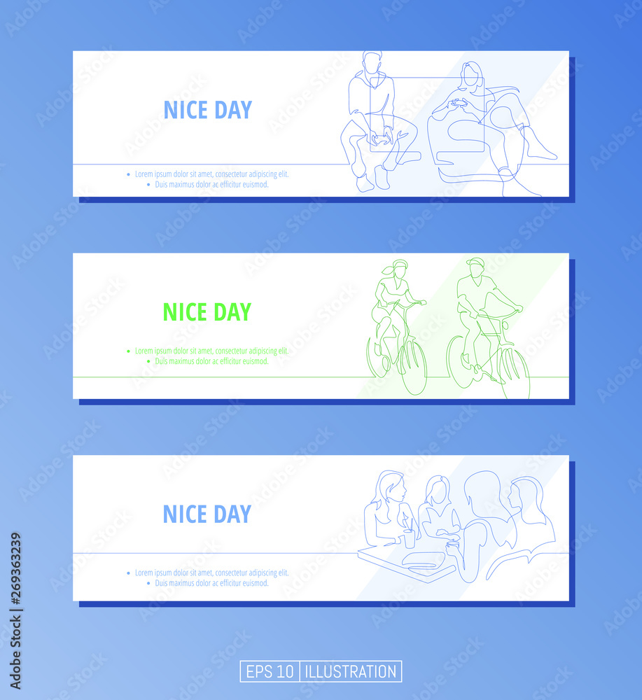 Set of banners. Continuous line drawing of gamers, man and woman riding bicycles, girls at a table in a cafe. Editable masks. Template for your design works. Vector illustration.