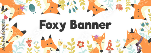 Horizontal banner with cute foxes and plants. Forest background with place for your tex