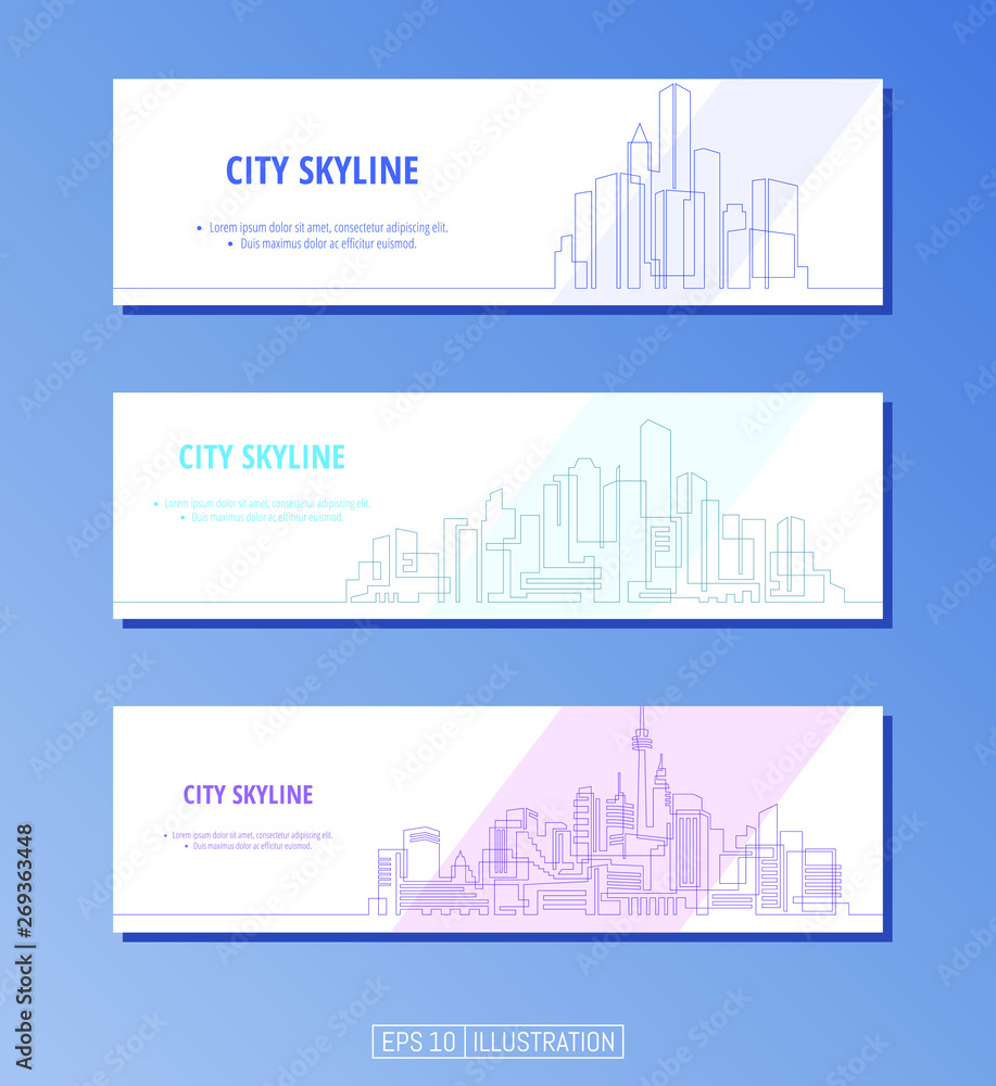 Set of banners. Continuous line drawing of city skyline. Editable masks. Template for your design works. Vector illustration.