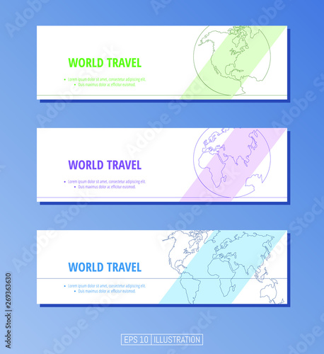 Set of banners. Continuous line drawing of globe and world map. Editable masks. Template for your design works. Vector illustration.