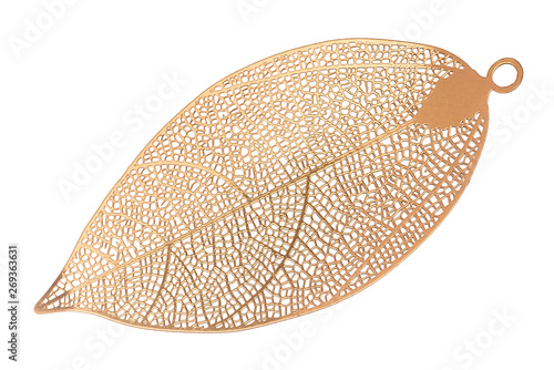 lacy golden leaf pendant on isolated white background © valkoinen7