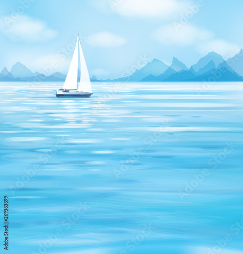 Vector blue sea scape with yacht.