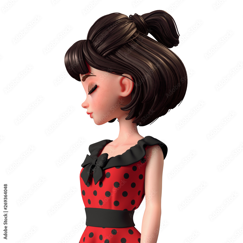 Close up side portrait of 3d cartoon character woman standing with eyes  closed. Beautiful teenager girl