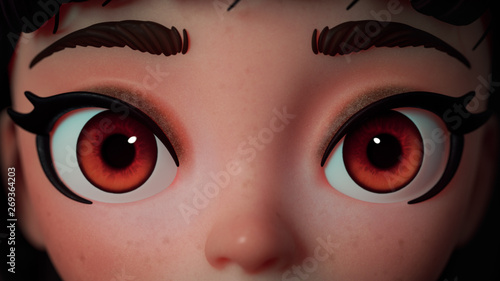 3d cartoon character girl with big brown eyes. Close up portrait of beautiful brunette attractive cute girl. Female eyes with long eyelashes. Young freckles woman face with healthy skin. 3d rendering