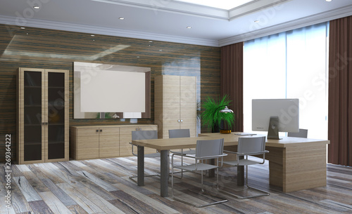 modern office with wooden walls and a large window. business background. 3D rendering. Blank paintings.  Mockup. © COK House