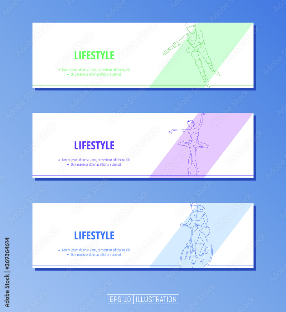 Set of banners. Continuous line drawing of rollerblading girl, ballerina, woman riding bicycles. Editable masks. Template for your design works. Vector illustration.