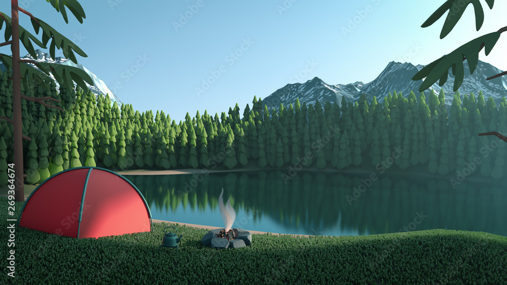 3d illustration of summer tourist camp in the forest near the lake. Green landscape of pines reflected in the lake. Campfire and tourist red tent on river bank. Natural background with mountains - obrazy, fototapety, plakaty 