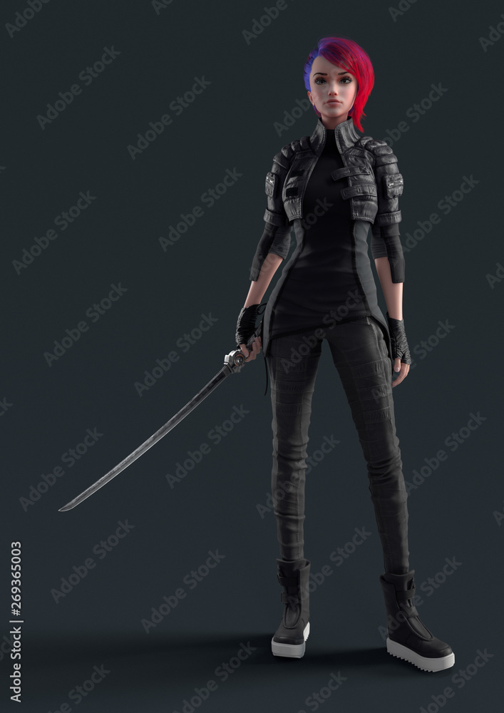 Cyberpunk girl in a leather jacket standing and holding a futuristic katana in one hand. Urban woman with short red hair with japanese samurai sword looking at the camera. 3d render on gray background Cyberpunk girl in a leather jacket standing and holding a futuristic katana in one hand. Urban woman with short red hair with japanese samurai sword looking at the camera. 3d render on gray background